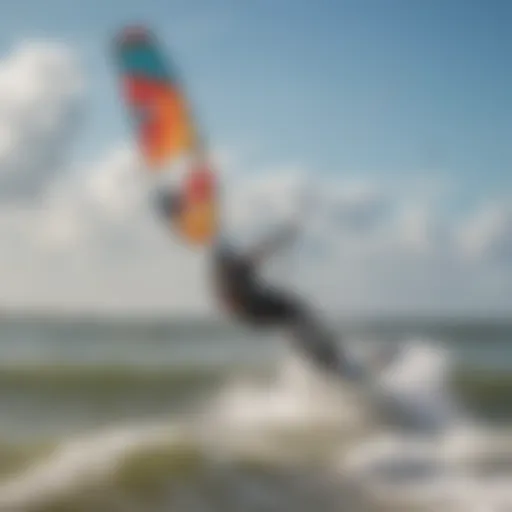 A vibrant kiteboarding scene at Jax beach during a high tide.