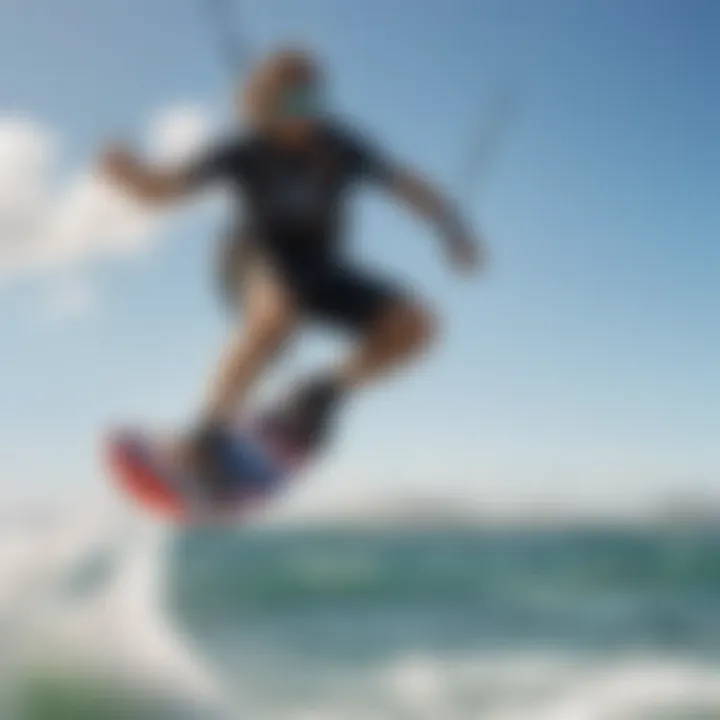 Action shot of a kiteboarder utilizing bar and line setup on water