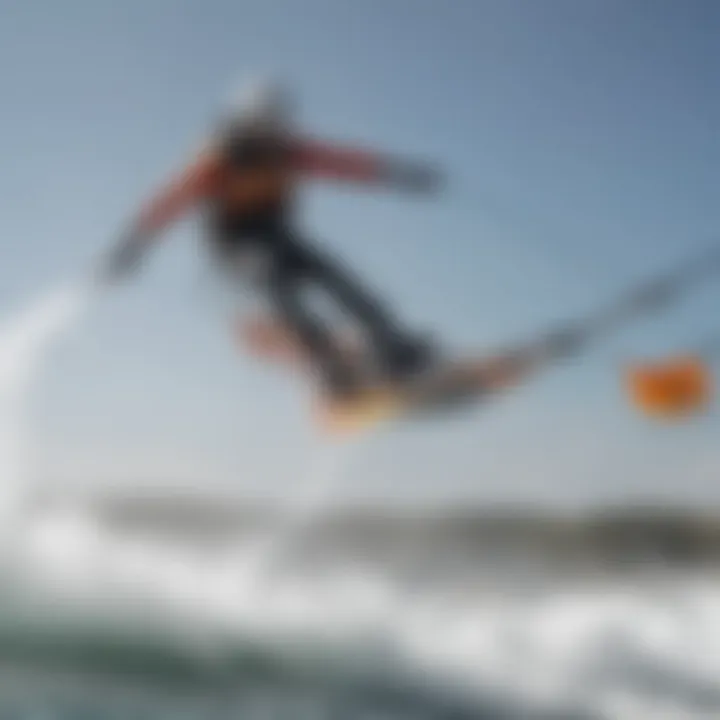 Kiteboarder performing a maneuver with a hydrofoil in action.