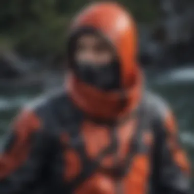 Detailed view of a survival dry suit showcasing its features