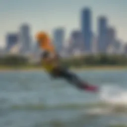 A vibrant kite soaring against the Dallas skyline