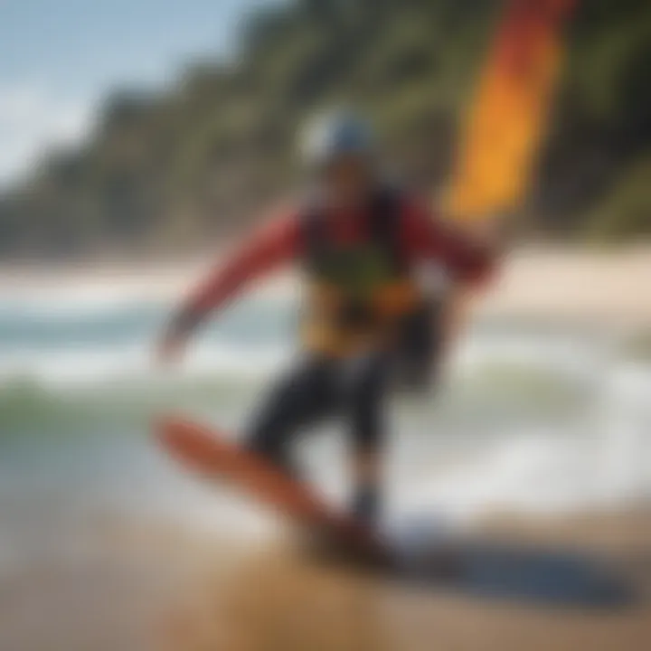 An array of kiteboarding equipment on the beach