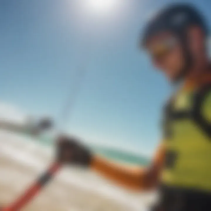 Maintenance tips for safety leashes displayed on a kiteboarding setup