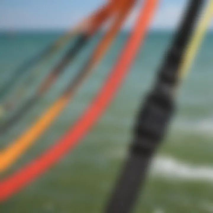 Close-up of different types of safety leashes for kiteboarding