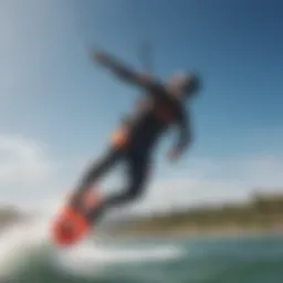 A kiteboarder soaring high above the water, showcasing a perfect jump.