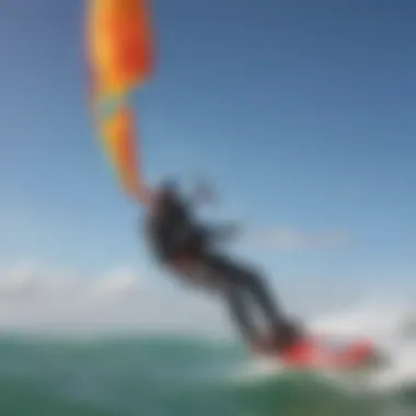 Close-up view of a kiteboarder controlling a power kite trainer.