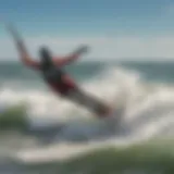 Aerial view of kiteboarders gliding over the waves at St. Simons Island