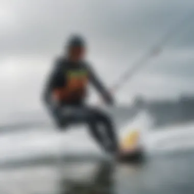 A kiteboarder performing in winter conditions wearing an appropriate wetsuit.