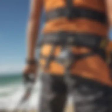 Close-up view of a waist leash attached to kiteboarding gear