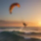 Kiteboarder gliding across the water at Lake Erie during sunset