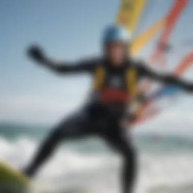 Windsurfer wearing a helmet during a competitive event, highlighting safety in action